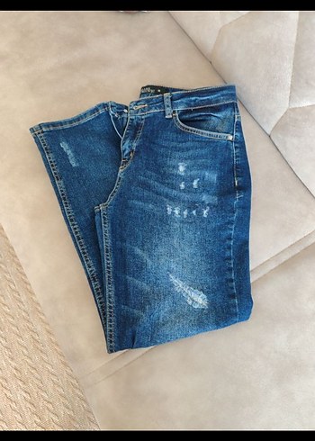 m Beden Düğmeli Mavi Kadın Denim Pantolon
