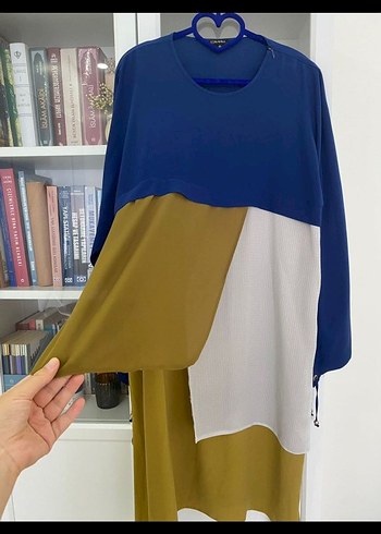 Drapeli Midi Kadın Tunik - Lacivert ve Renk Bloklu - Görsel 2