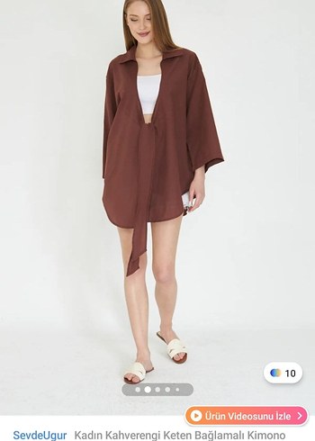 LC Waikiki Kadın Kahverengi Bağlamalı Keten Kimono