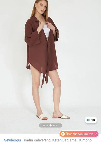 Kadın Kahverengi Bağlamalı Keten Kimono