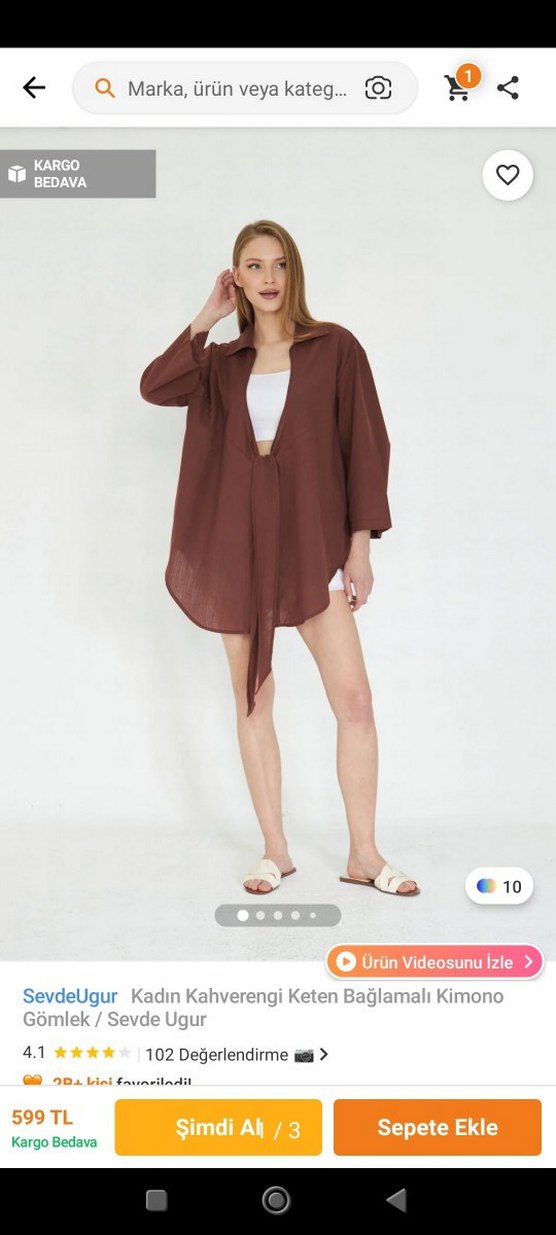 Kadın Kahverengi Bağlamalı Keten Kimono - Görsel 3