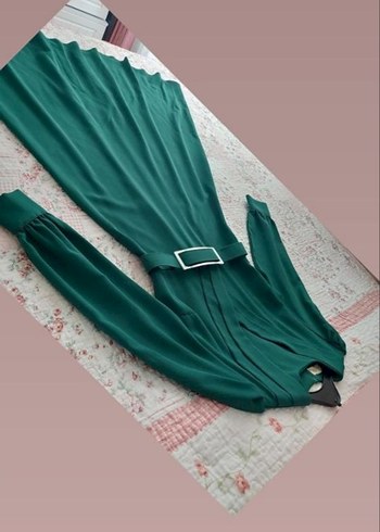 Kemer Detaylı Uzun Koyu Yeşil Kadın Elbise - Görsel 5