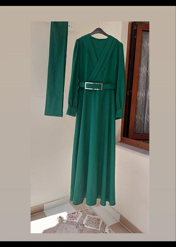 Kemer Detaylı Uzun Koyu Yeşil Kadın Elbise - Görsel 7