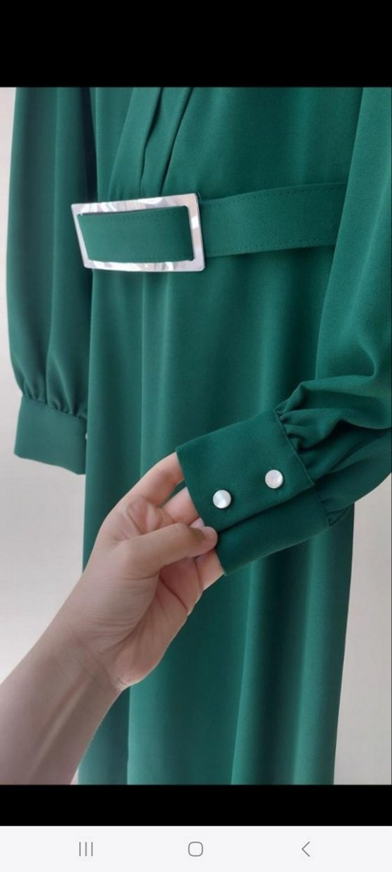 Kemer Detaylı Uzun Koyu Yeşil Kadın Elbise - Görsel 3