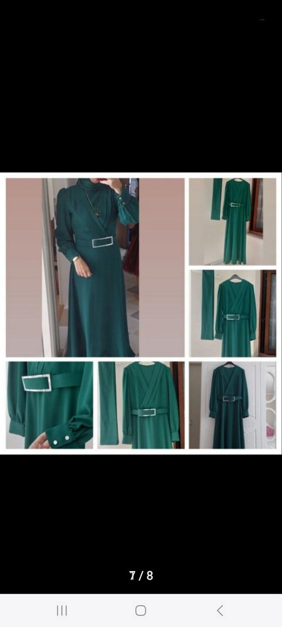 Kemer Detaylı Uzun Koyu Yeşil Kadın Elbise - Görsel 2