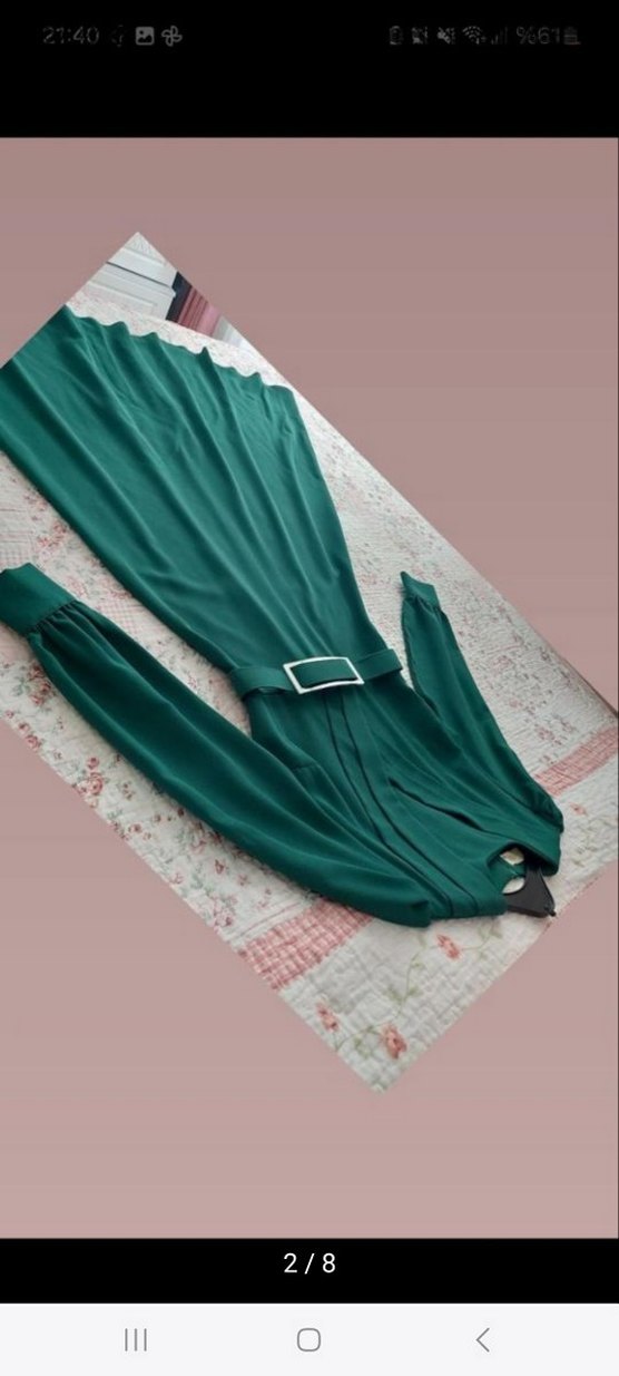 Kemer Detaylı Uzun Koyu Yeşil Kadın Elbise - Görsel 5