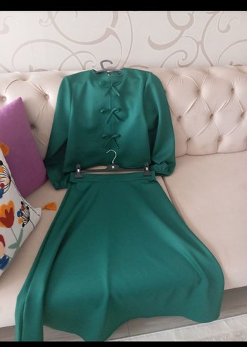 Diğer Yeşil Mini Kadın Takım Elbise Fiyonklu