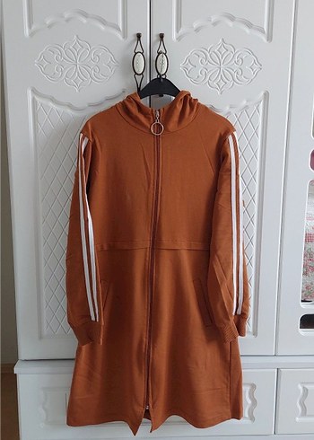 Kapüşonlu Uzun Kahverengi Kadın Ceket - Görsel 3