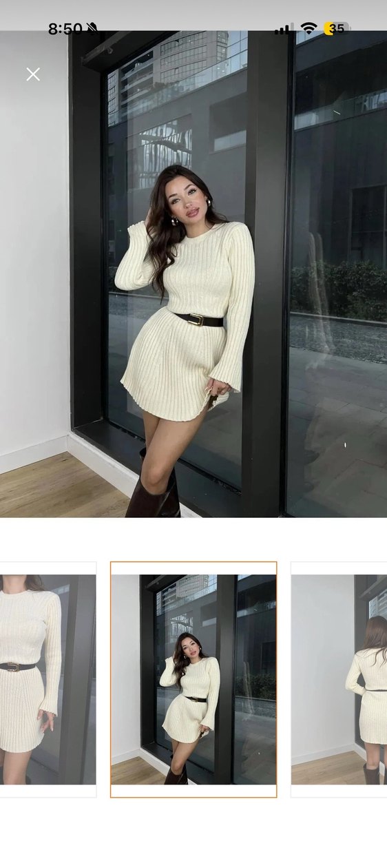 Beyaz Fitilli Mini Triko Elbise - Görsel 2