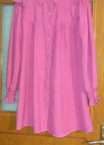 Pembe Keten Midi Tunik, Düğmeli, Uzun Kollu - Görsel 19