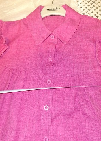 Pembe Keten Midi Tunik, Düğmeli, Uzun Kollu - Görsel 14