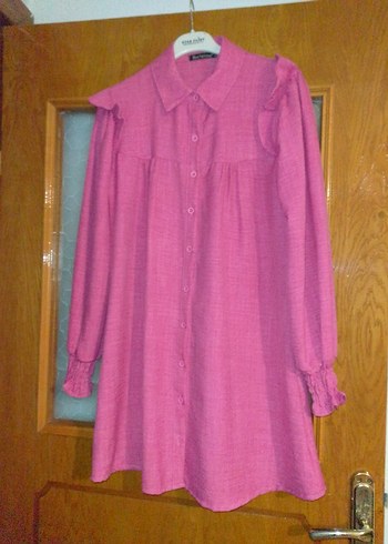 Pembe Keten Midi Tunik, Düğmeli, Uzun Kollu - Görsel 5