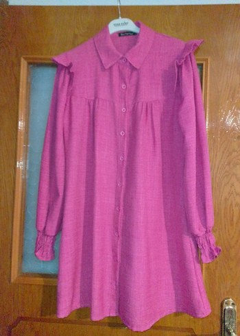 Pembe Keten Midi Tunik, Düğmeli, Uzun Kollu - Görsel 3