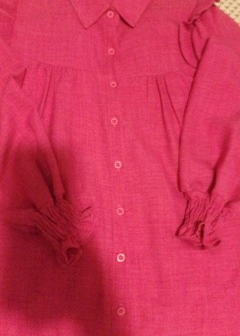 Pembe Keten Midi Tunik, Düğmeli, Uzun Kollu - Görsel 12