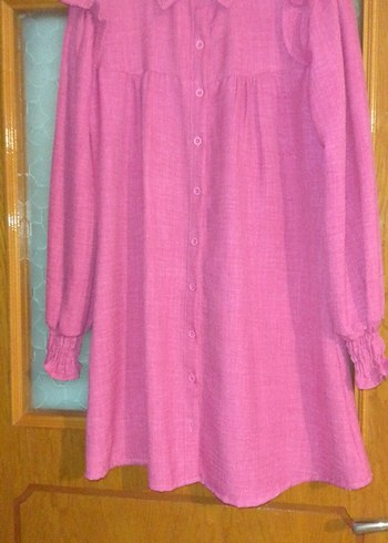 Pembe Keten Midi Tunik, Düğmeli, Uzun Kollu - Görsel 7