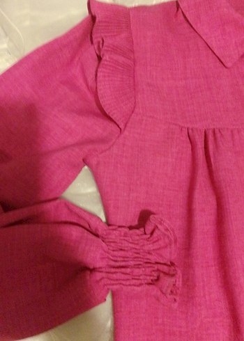 Pembe Keten Midi Tunik, Düğmeli, Uzun Kollu - Görsel 17