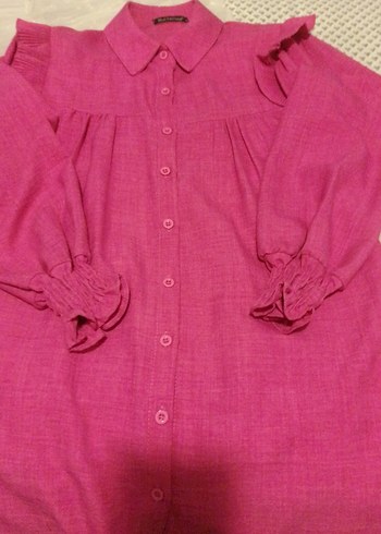 Pembe Keten Midi Tunik, Düğmeli, Uzun Kollu - Görsel 10