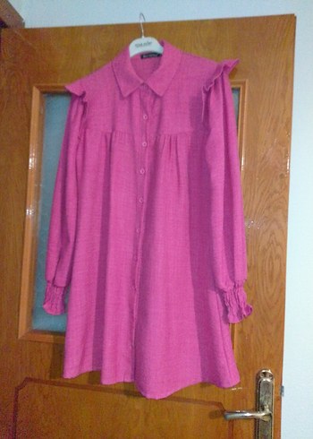 Pembe Keten Midi Tunik, Düğmeli, Uzun Kollu - Görsel 6