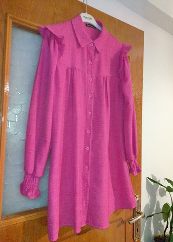 Pembe Keten Midi Tunik, Düğmeli, Uzun Kollu - Görsel 2