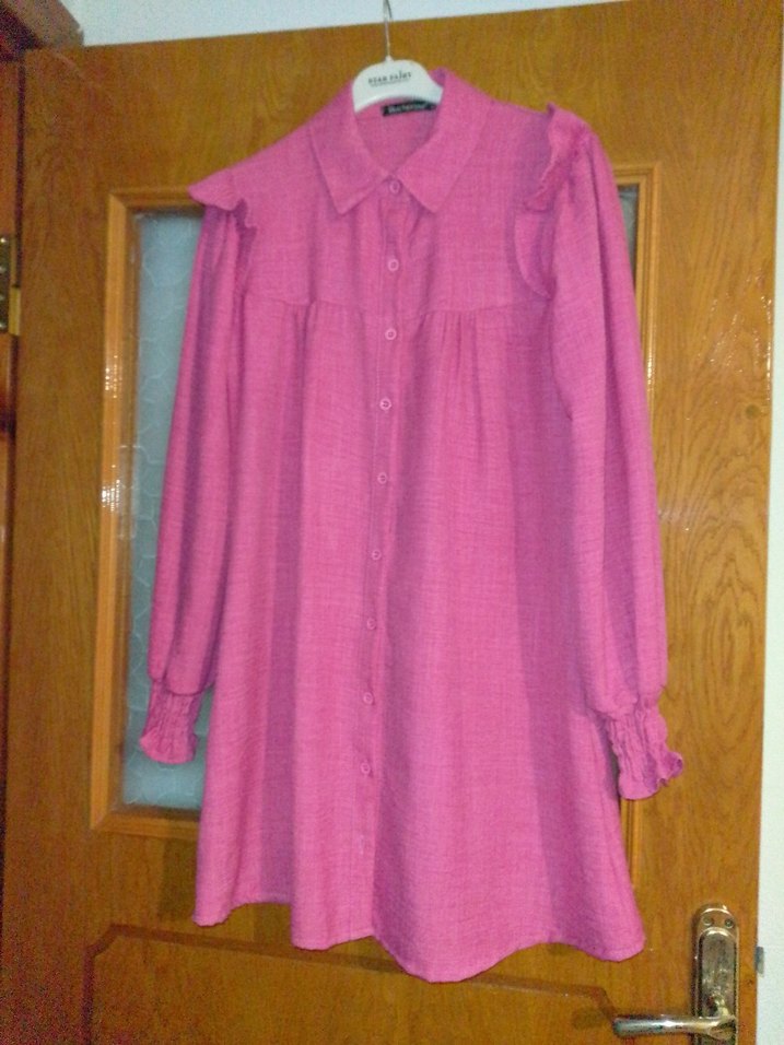 Pembe Keten Midi Tunik, Düğmeli, Uzun Kollu - Görsel 5