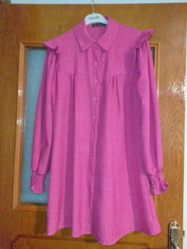 Pembe Keten Midi Tunik, Düğmeli, Uzun Kollu - Görsel 3