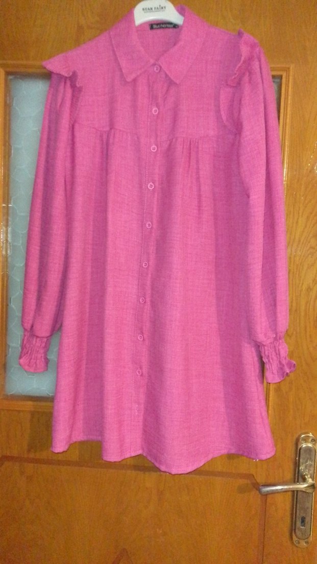 Pembe Keten Midi Tunik, Düğmeli, Uzun Kollu - Görsel 4