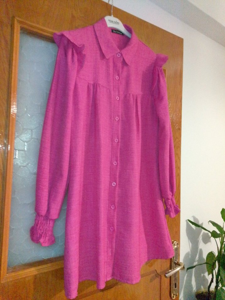 Pembe Keten Midi Tunik, Düğmeli, Uzun Kollu - Görsel 2