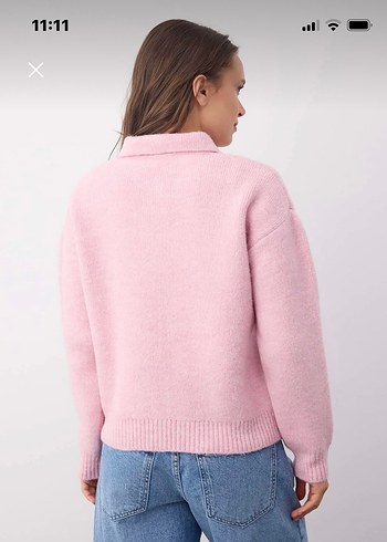 Düğmeli Pembe Kadın Yün Kazak - Görsel 3