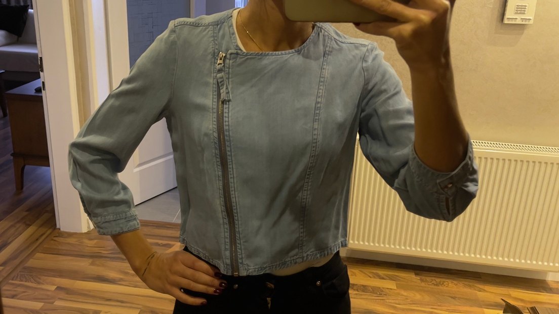 Kadın Gri Denim Fermuarlı Ceket - Görsel 5