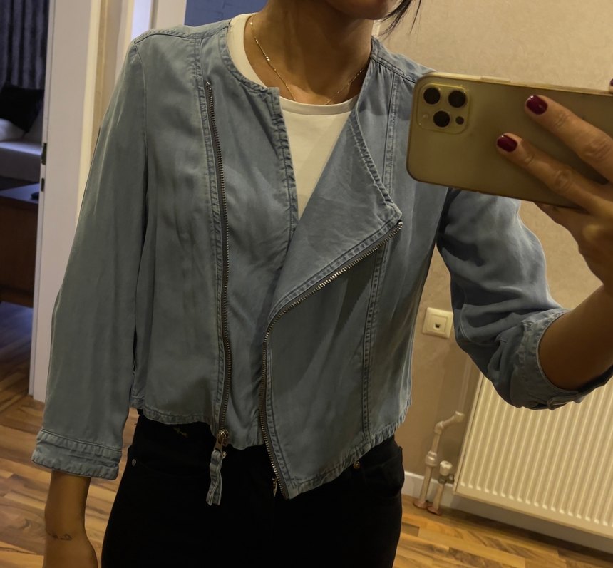 Kadın Gri Denim Fermuarlı Ceket - Görsel 4