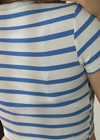 Mavi Çizgili Kadın Crop Tişört - Görsel 2