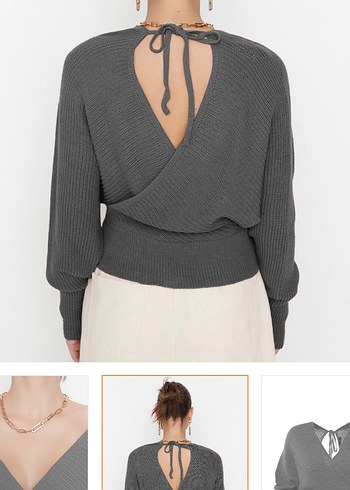 Gri V Yakalı Örgü Kadın Kazak - Görsel 2