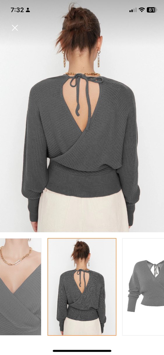 Gri V Yakalı Örgü Kadın Kazak - Görsel 2