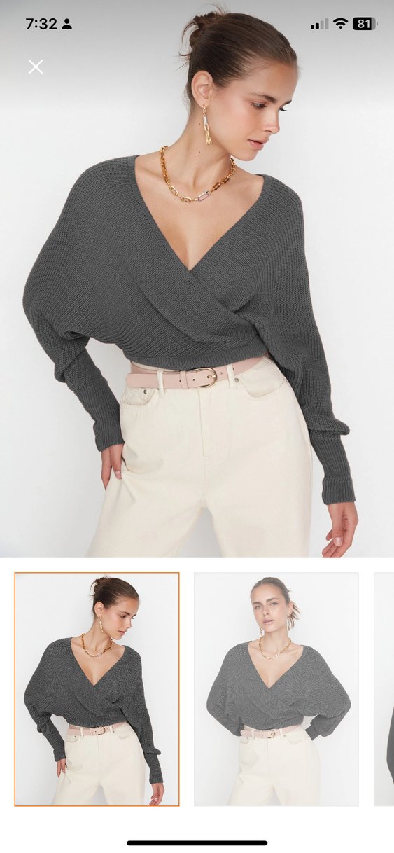 Gri V Yakalı Örgü Kadın Kazak - Görsel 3