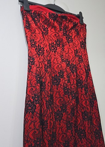 kırmızı dantel işlemeli midi gece elbisesi - Görsel 5