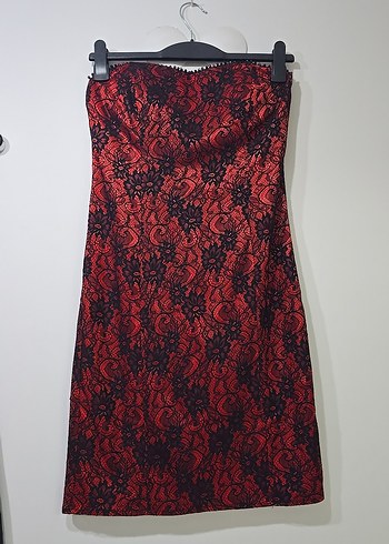 kırmızı dantel işlemeli midi gece elbisesi - Görsel 2