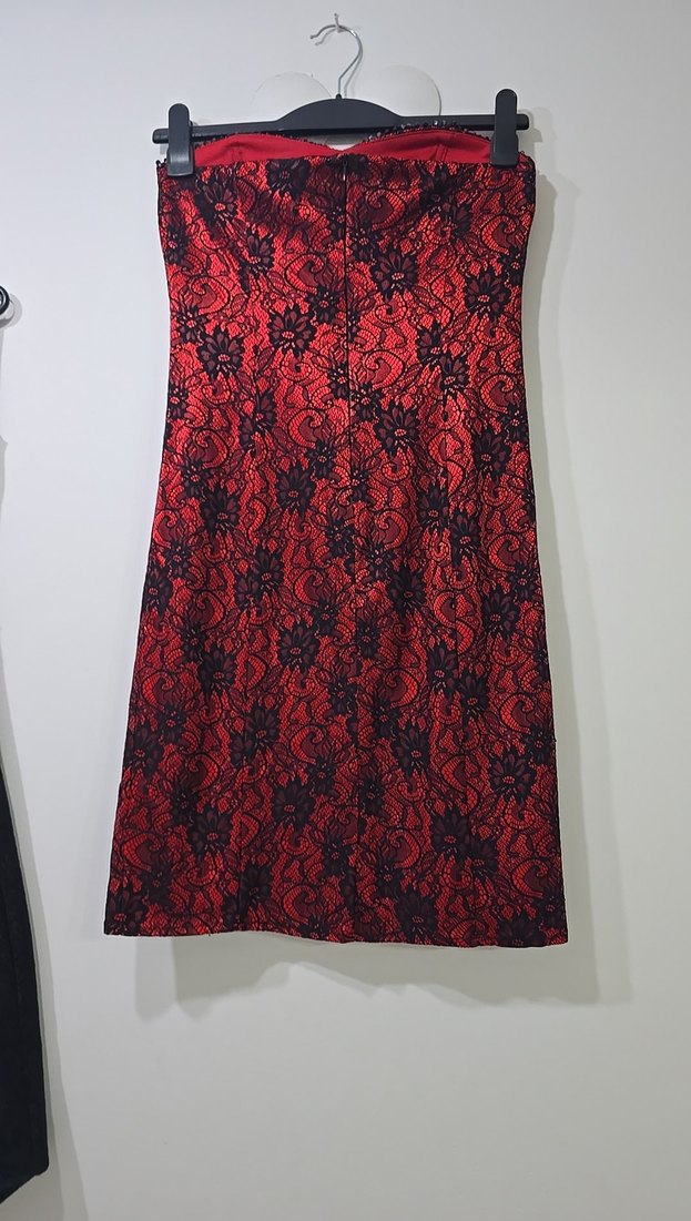 kırmızı dantel işlemeli midi gece elbisesi - Görsel 4