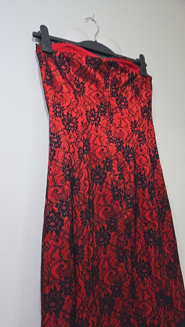 kırmızı dantel işlemeli midi gece elbisesi - Görsel 5