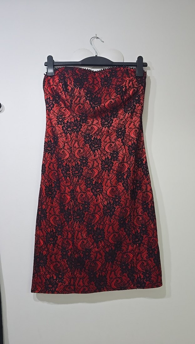 kırmızı dantel işlemeli midi gece elbisesi - Görsel 2