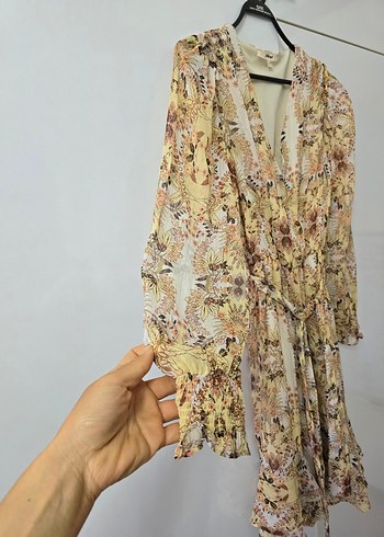 KOTON Bej V Yaka Uzun Kollu Midi Bohem Elbise - Görsel 3