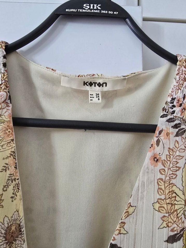 KOTON Bej V Yaka Uzun Kollu Midi Bohem Elbise - Görsel 4