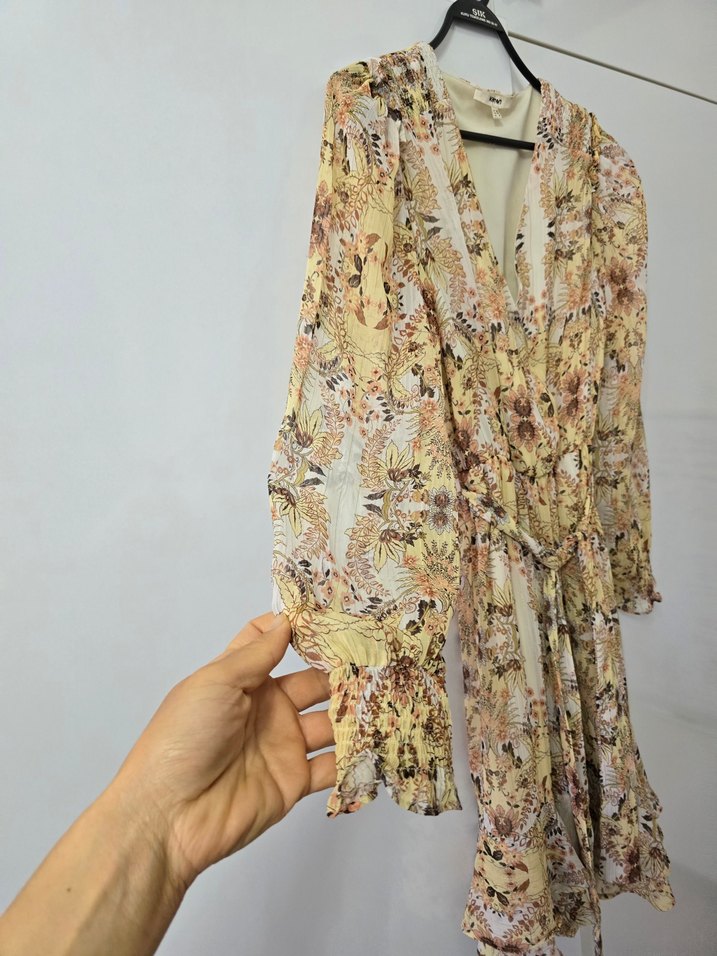 KOTON Bej V Yaka Uzun Kollu Midi Bohem Elbise - Görsel 3