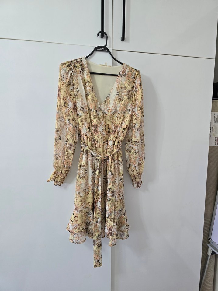 KOTON Bej V Yaka Uzun Kollu Midi Bohem Elbise - Görsel 5