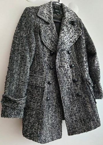 KOTON YÜN KABAN Çift Düğmeli Siyah-Beyaz Kaban - Görsel 3