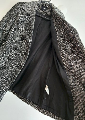 KOTON YÜN KABAN Çift Düğmeli Siyah-Beyaz Kaban - Görsel 6