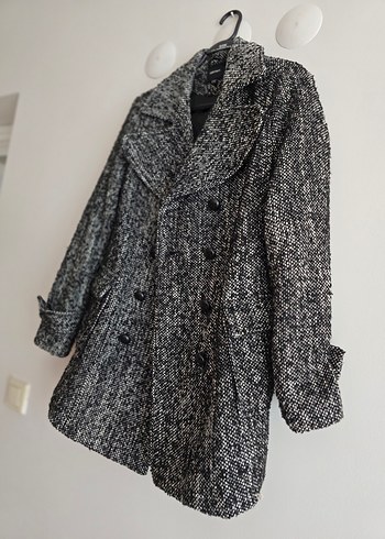 KOTON YÜN KABAN Çift Düğmeli Siyah-Beyaz Kaban - Görsel 2