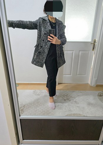 KOTON YÜN KABAN Çift Düğmeli Siyah-Beyaz Kaban - Görsel 5