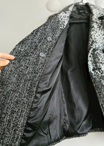 KOTON YÜN KABAN Çift Düğmeli Siyah-Beyaz Kaban - Görsel 4