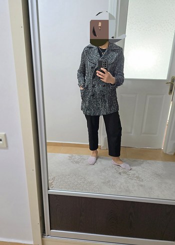 KOTON YÜN KABAN Çift Düğmeli Siyah-Beyaz Kaban - Görsel 14