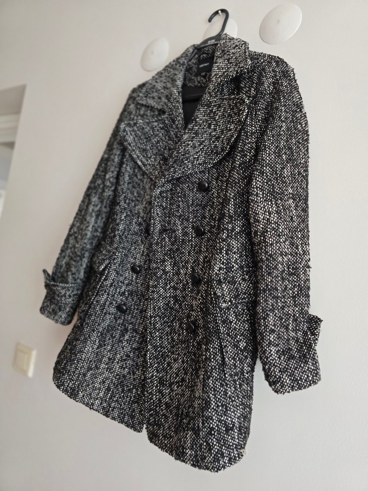 KOTON YÜN KABAN Çift Düğmeli Siyah-Beyaz Kaban - Görsel 2